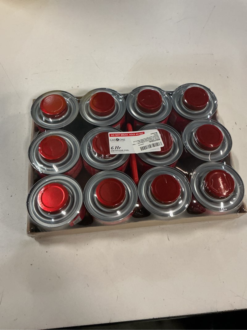 Condition photo showing New/Like New for gas one 12 pack 6 hour chafing fuel - food warmer for chafing dish buffet set - reusable liquid safe fuel with wick & lid opener