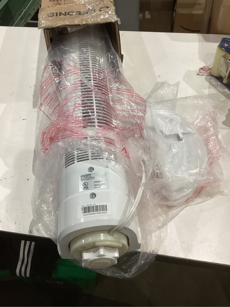 Condition photo showing As Is for pelonis 30 inch oscillating tower fan with 3 speed settings and auto-off timer, standing fan pft28a2bww, white