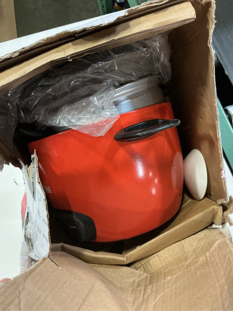 Condition photo showing As Is for aroma® 3-cup (uncooked) / 1.5qt / 6-cup cooked rice & grain cooker (arc-743-1ngor) 6 cup cooked / 3 cup uncooked / 1.5 qt. red