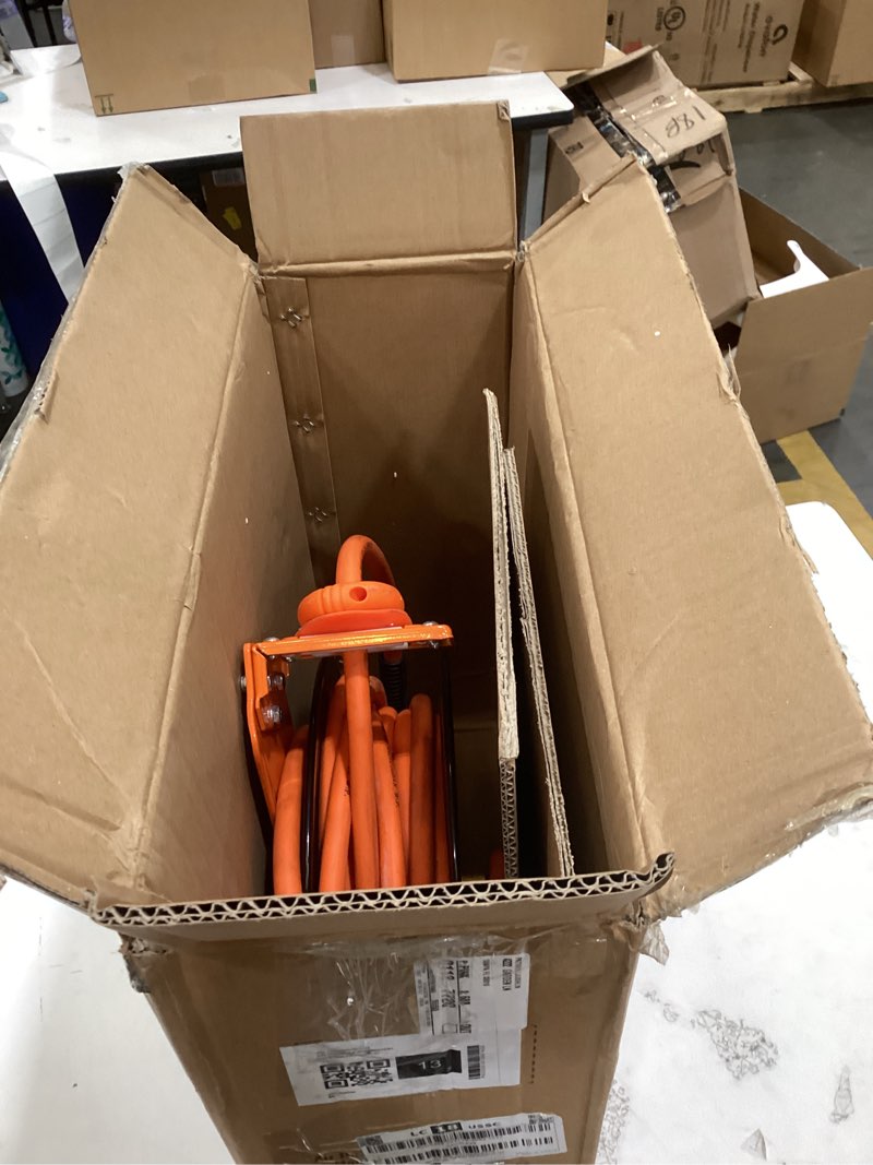 Condition photo showing As Is for vevor retractable air hose reel, 1/2 in x 50 ft hybrid air hose max 300psi, air compressor hose reel auto-rewind with 5ft lead in, ceiling/wall mount heavy duty single arm steel reel, 1/2" npt fitting