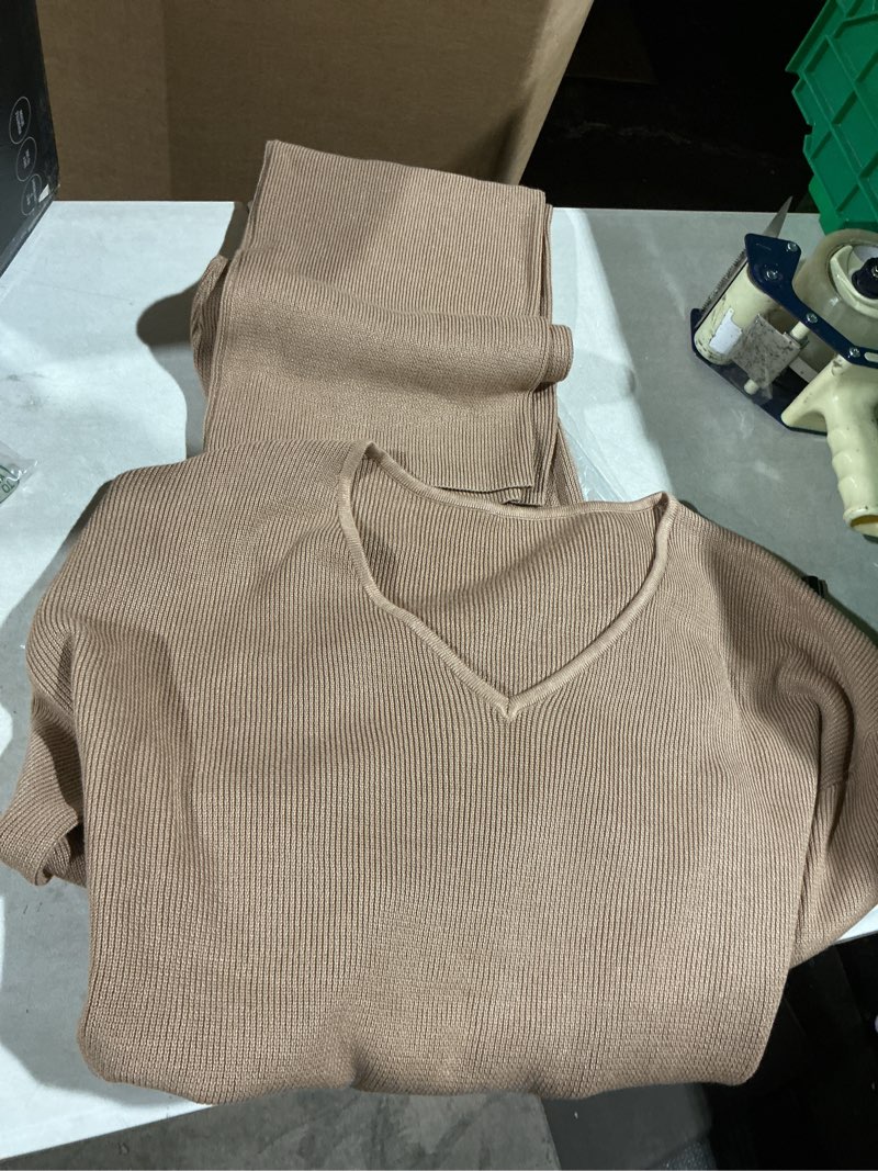 Condition photo showing Good Condition for Viottiset Women's 2 Piece Outfits Casual V Neck Knit Wide Leg Sweater Lounge Set Sweatsuit Large Khaki