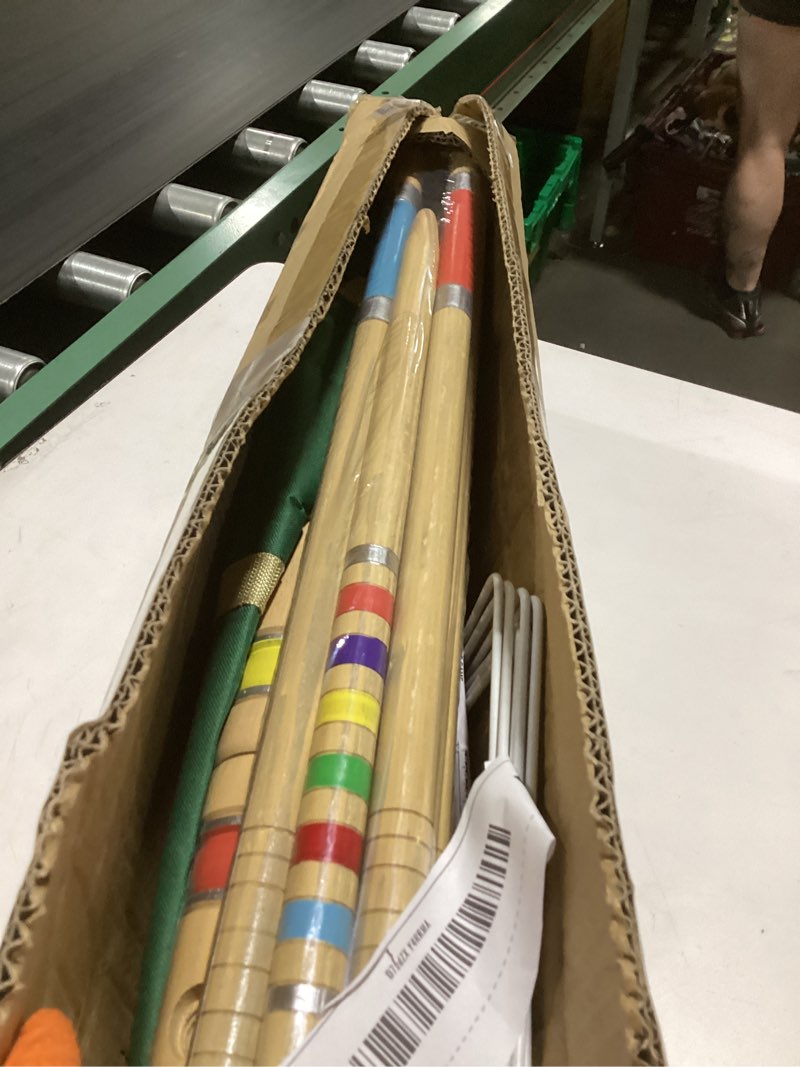 Condition photo showing New/Like New for apudarmis six player croquet set with premiun rubber wooden mallets 28in,colored ball,wickets,stakes - lawn backyard outdoor game set for adults/teenagers/family (large carry bag including) 28'' standard