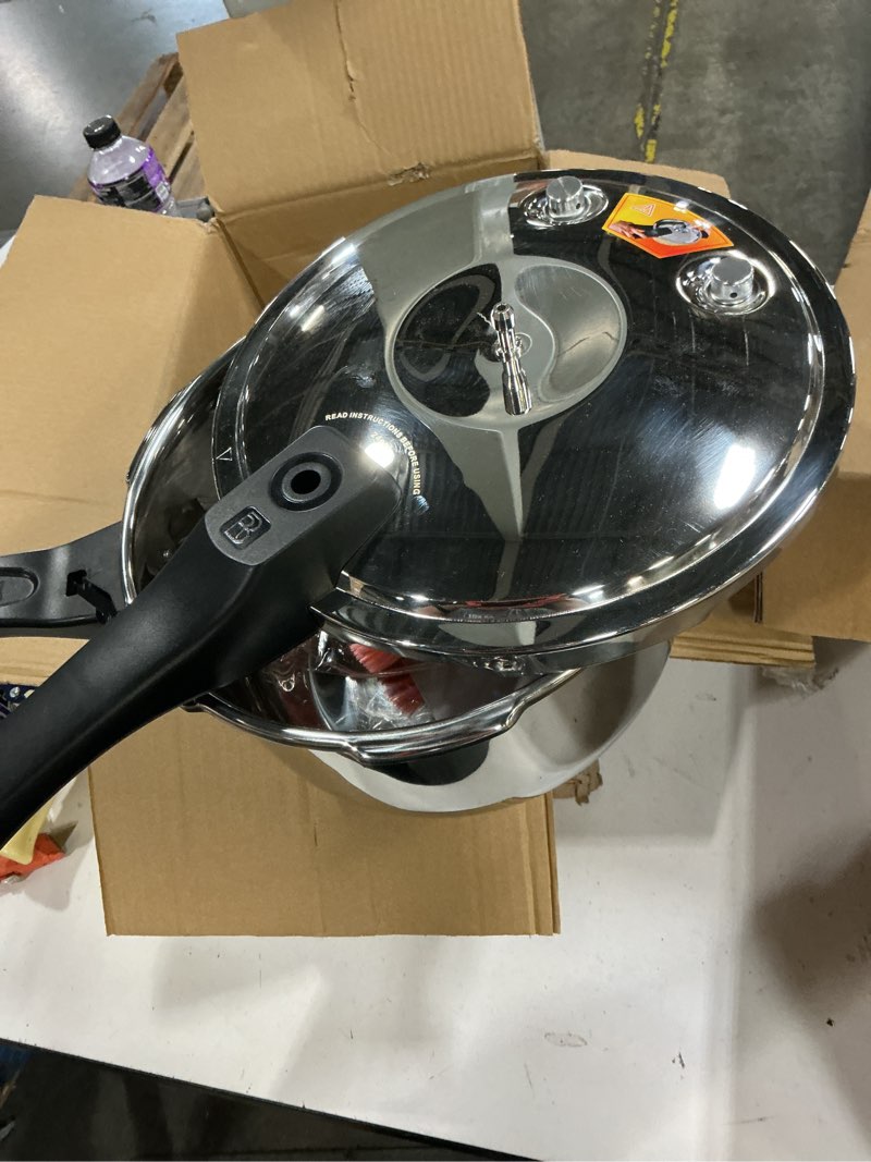 Condition photo showing New/Like New for stainless steel pressure cooker 6.34 quart, heavy-duty, food-grade, all stovetop & induction compatible with multi-safety lock system for gas electric ceramic, commercial home kitchen use, deeluban 6.3 quarts