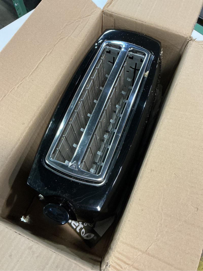 Condition photo showing As Is for Elite Gourmet ECT4829B Long Slot 4 Slice Toaster, 6 Toast Settings Toaster Defrost, Reheat, Cancel Functions, Slide Out Crumb Tray, Extra Wide Slots for Bagels Waffles, Black