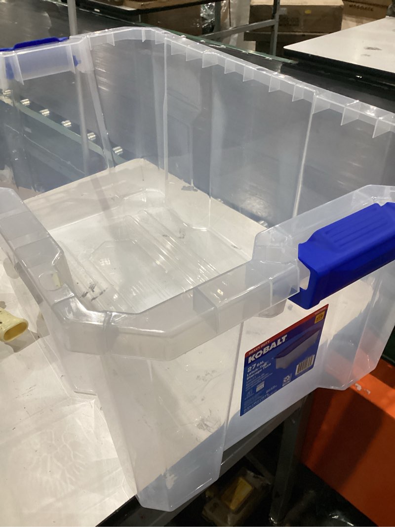 Condition photo showing As Is for kobalt large 27 -gallons ( 108 -quarts ) clear heavy duty stackable tote with latching lid