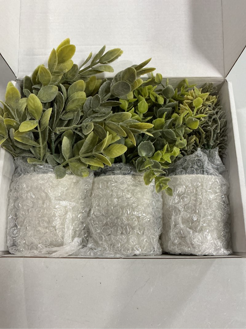 Condition photo showing As Is for der rose 3 pack mini potted fake plants artificial plastic eucalyptus plants topiaries for home office desk farmhouse shelf room bathroom decor(sage green)