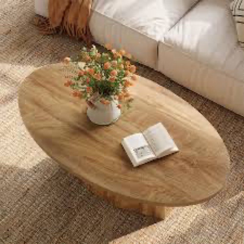 Oval Coffee Table, 47-Inch Living Room Table with Polygonal Pedestal, Modern Center Accent Furniture