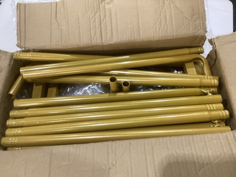 Condition photo showing As Is for 8.2ft x 8ft backdrop stand heavy duty with base, gold portable adjustable pipe and drape backdrop stand kit, over the table rod stand with clamps, square metal arch party frame for birthday decor matte gold