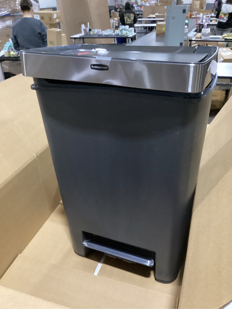 Condition photo showing As Is for rubbermaid premier series iii step-on trash can for home and kitchen, with stainless steel rim, 12.4 gallon, charcoal, for home/kitchen/garage/apartment/office metal rim, resin lid
