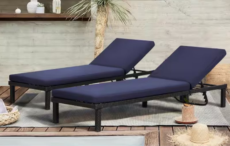 Wicker Rattan Outdoor Chaise Lounge with Detachable Navy Cushion (Set of 2) no cushions 