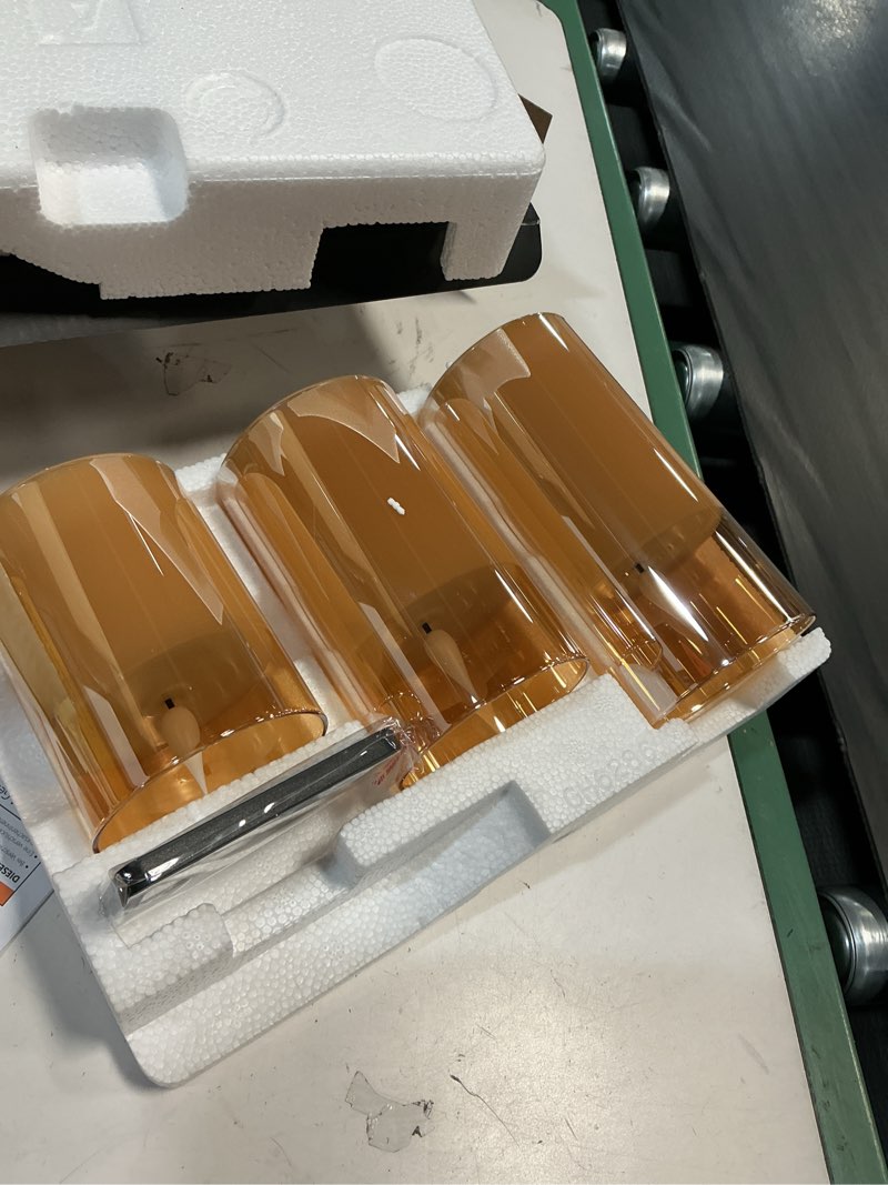 Condition photo showing New/Like New for rechargeable flameless candle, flashing led pillar real wax candle with remote control and timer, upgraded teardrop wick, gold glass electronic candle, 1 set of 3 gold glass-droplet