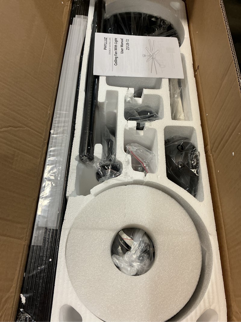 Condition photo showing Good Condition for 72'' black large ceiling fan with lights for indoor/covered outdoor | remote/app control, 3cct dimmable, quiet dc motor, reversible airflow, 8 blades modern big overhead fan for patio living room black 72 inch with light