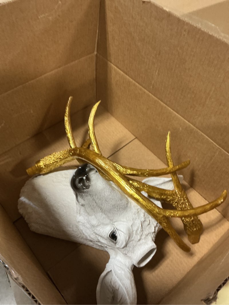 Condition photo showing Good Condition for YJ Home Larger Faux Deer Head - Rustic Wall Decor Deer Antlers,Faux Taxidermy Animal Head Wall Decor - Handmade Farmhouse Decor (White haed gold antlers, 27.5''Wx20''H) White haed gold antlers 20"L x 14"W