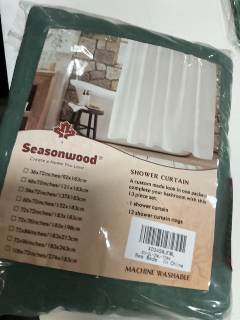 Condition photo showing New/Like New for seasonwood extra long linen shower curtain neutral farmhouse linen shower curtains for bathroom boho bathroom decor with 12 sturdy stainless steel sliding hangers(dark green,72x84 inches) dark green 72"w x 84"l (pack of 1)
