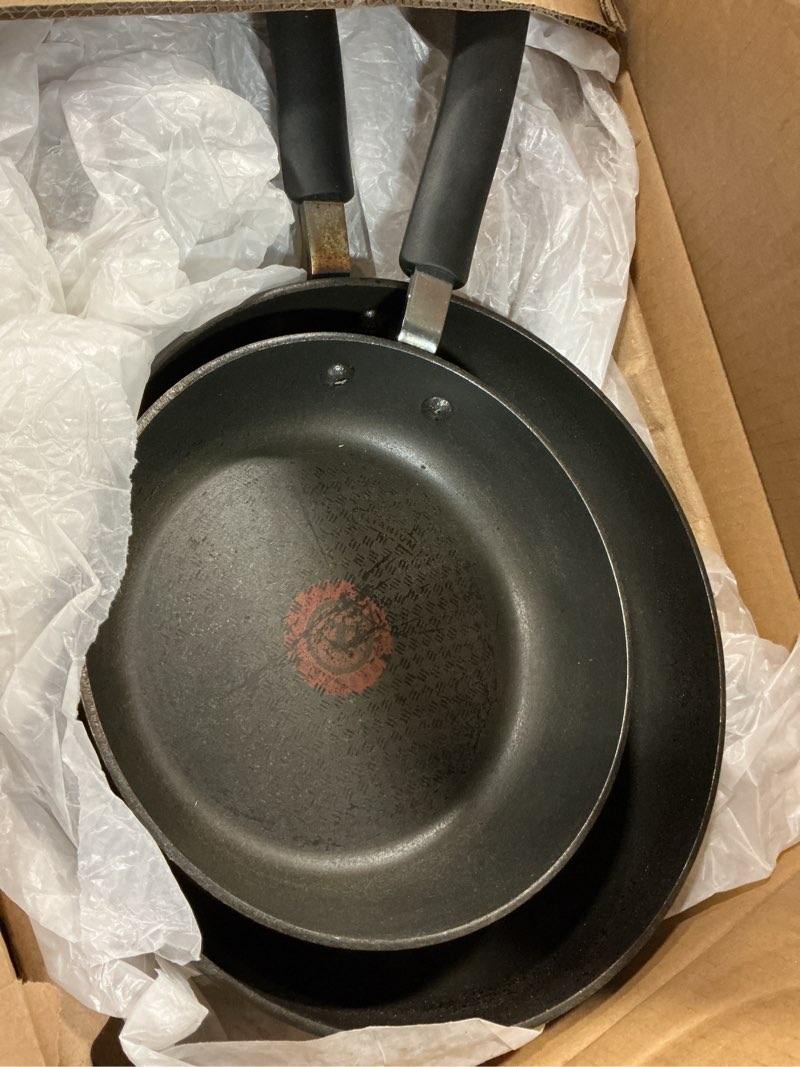 Condition photo showing As Is for all-clad ha1 hard anodized non stick fry pan set 2 piece, 8, 10 inch, induction, oven broiler safe 500f, pots and pans set, kitchen frying pans, skillets, premium cookware, home, dishwasher safe black 2 piece set