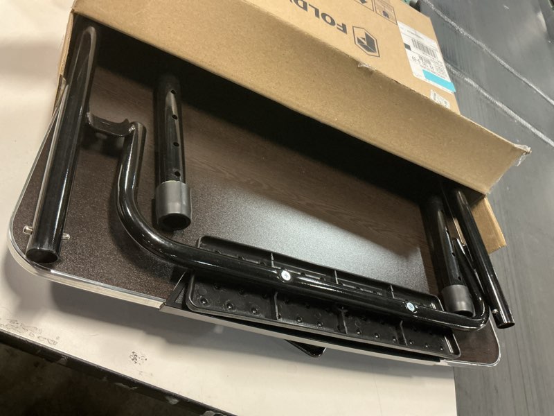 Condition photo showing As Is for FoldWise Upgraded Folding TV Tray Table - Extra Large & Sturdy Laptop Table for Couch, Height & Angle Adjustable Desk for Dinner, Work & TV - Includes Footrest, Cup Holder, iPad Holder & Edge Stopper