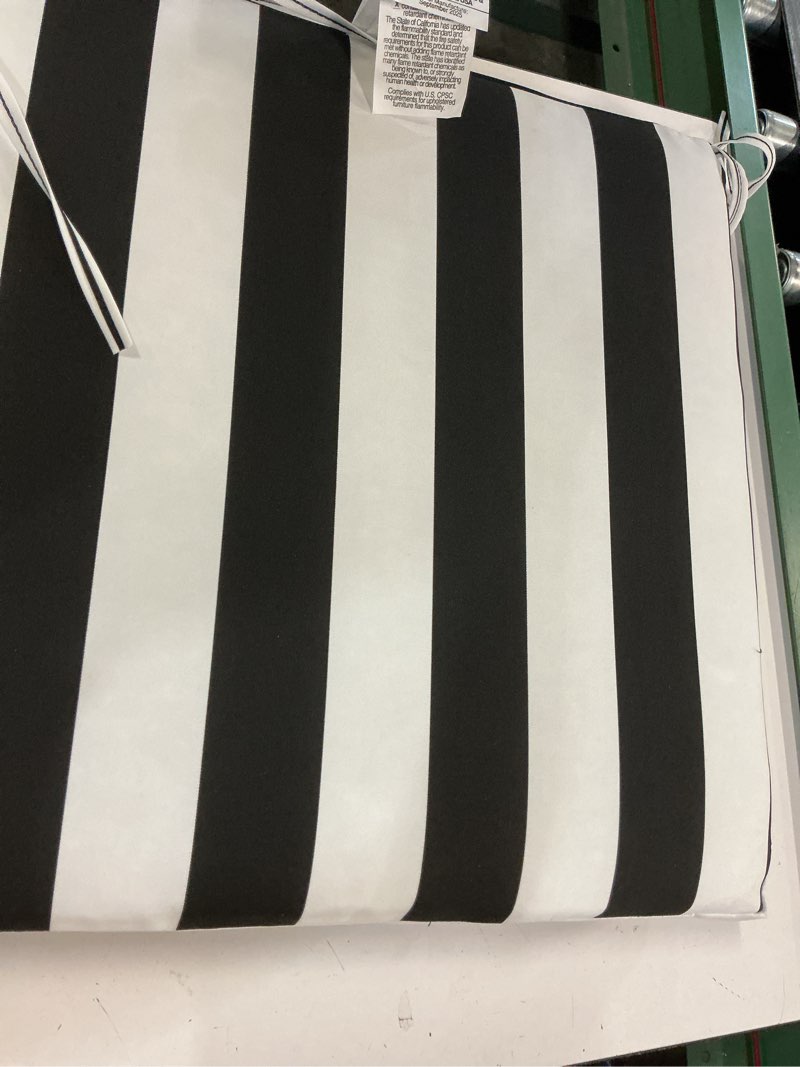 Condition photo showing Good Condition for arden seat cushion, 21 x 21, rain-proof, fade resistant, cushion for patio dining, adirondack, and outdoor chairs black cabana stripe polyfill 21 x 21 black cabana stripe