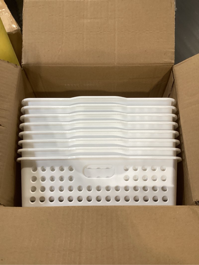 Condition photo showing Good Condition for 12 pcs plastic storage baskets bulk 14 x 10 in stackable storage bin with handles a4 size desktop file letter organizer tray multi-purpose container for shelve desktop classroom office home playroom white