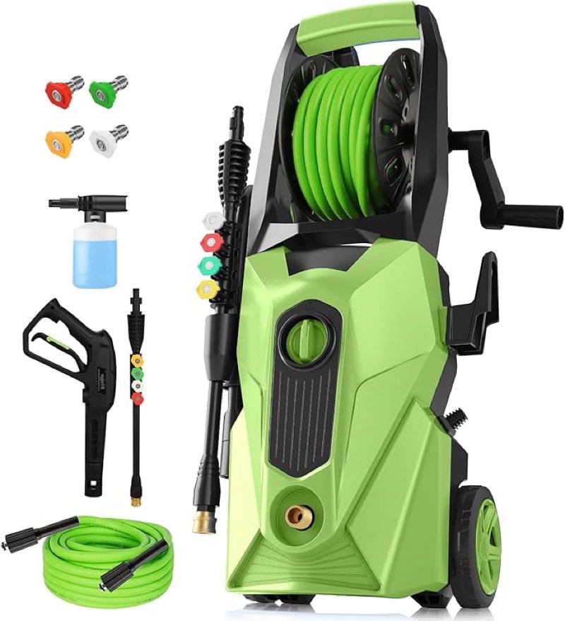 Pressure Cleaner 5000 PSI,2.8 GPM Power Cleaner with Foam Cannon,Portable Cleaner with 33ft Hose Reel,4 Nozzle Tips,and Soap Bottle for Cars/Home/Driveways/Patios/Decks/Fences(Light Green) Light Blue