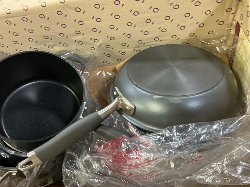 Condition photo showing As Is for anolon advanced home hard anodized nonstick cookware/pots and pans set, 9 piece - moonstone 9-piece moonstone