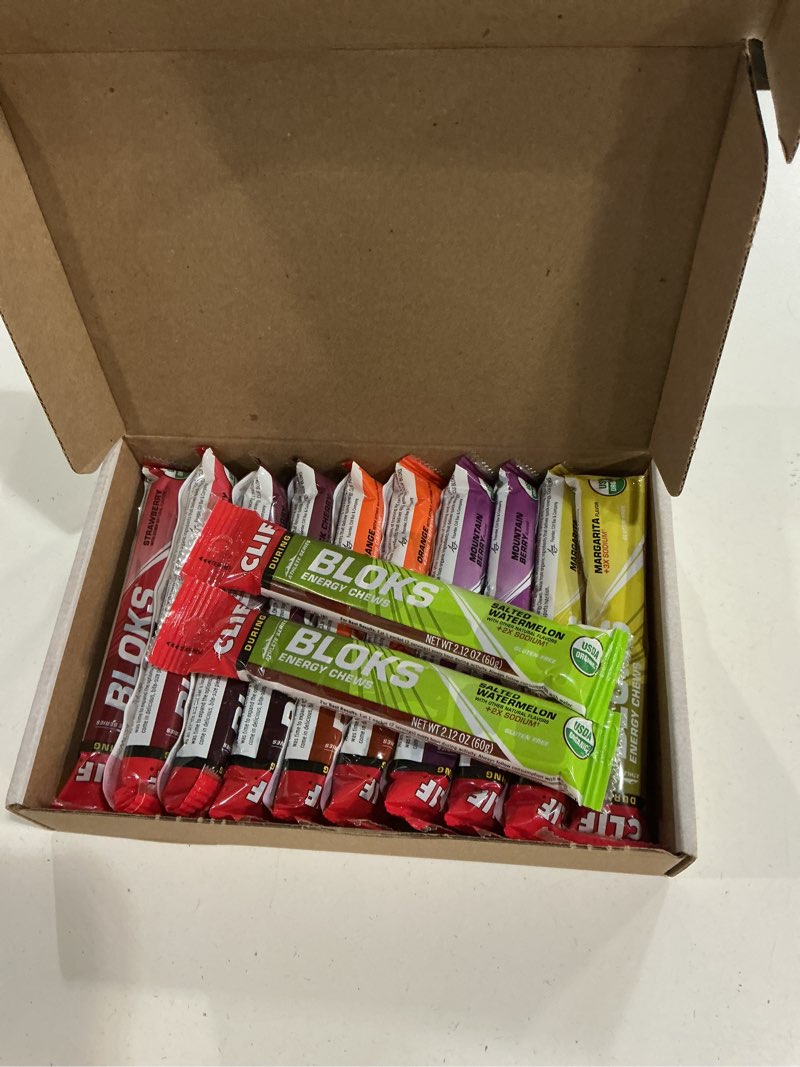Condition photo showing New/Like New for (best by 02/03/2026) clif bloks - energy chews - variety pack - non-gmo - plant based - fast fuel for cycling and running - quick carbohydrates and electrolytes - 2.12 oz. packets (12 count) bloks variety pack 12 count (pack of 1)