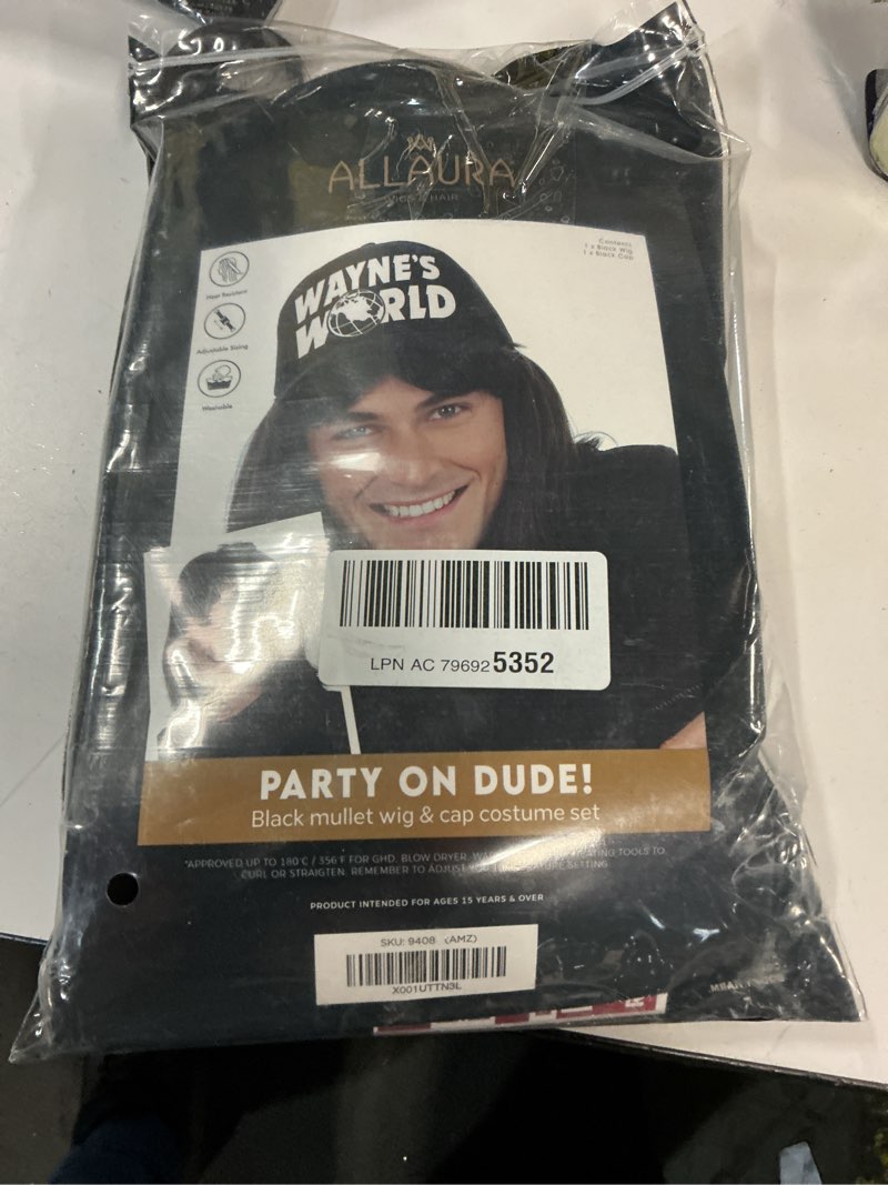 Condition photo showing New/Like New for ALLAURA Compatible with Wayne’s World Wig and Hat – Black Mullet Wig with Wayne’s Cap for Men – 80s Rocker Costume, Heavy Metal Look, 1980s Party Outfit, Funny Halloween or Couples Costume Accessory Black+Accessories