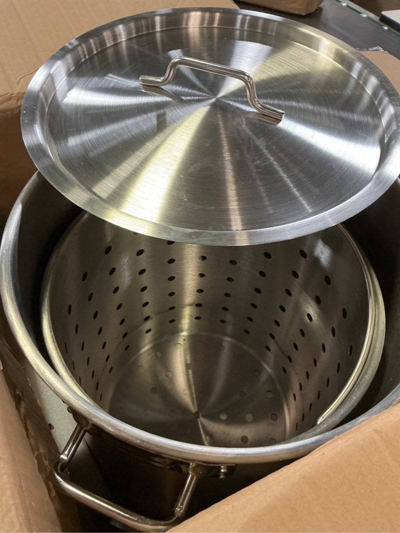 Condition photo showing As Is for vevor stainless steel stockpot, 36 quart cooking pots, cookware sauce pot with basket, lid, and handle, heavy duty commercial grade stock pot, sanding treatment, for steaming boiling or frying silver 35.9 quarts