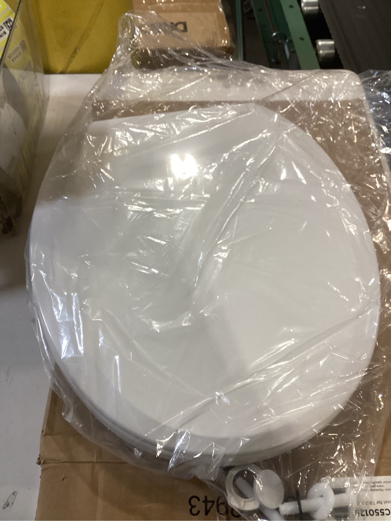 Condition photo showing As Is for gerber round front toilet seat with cover, soft close, no slam, quick & easy install, heavy-duty plastic, durable & fade-resistant, white gc550129