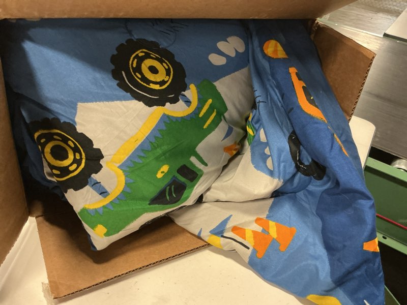 Condition photo showing As Is for intelligent design kids twin comforter set for boys 3 piece monster truck comforter set, twin size, teen bed set, microfiber bedding set, matching sham, embroidered truck throw pillow, twin, blue twin blue