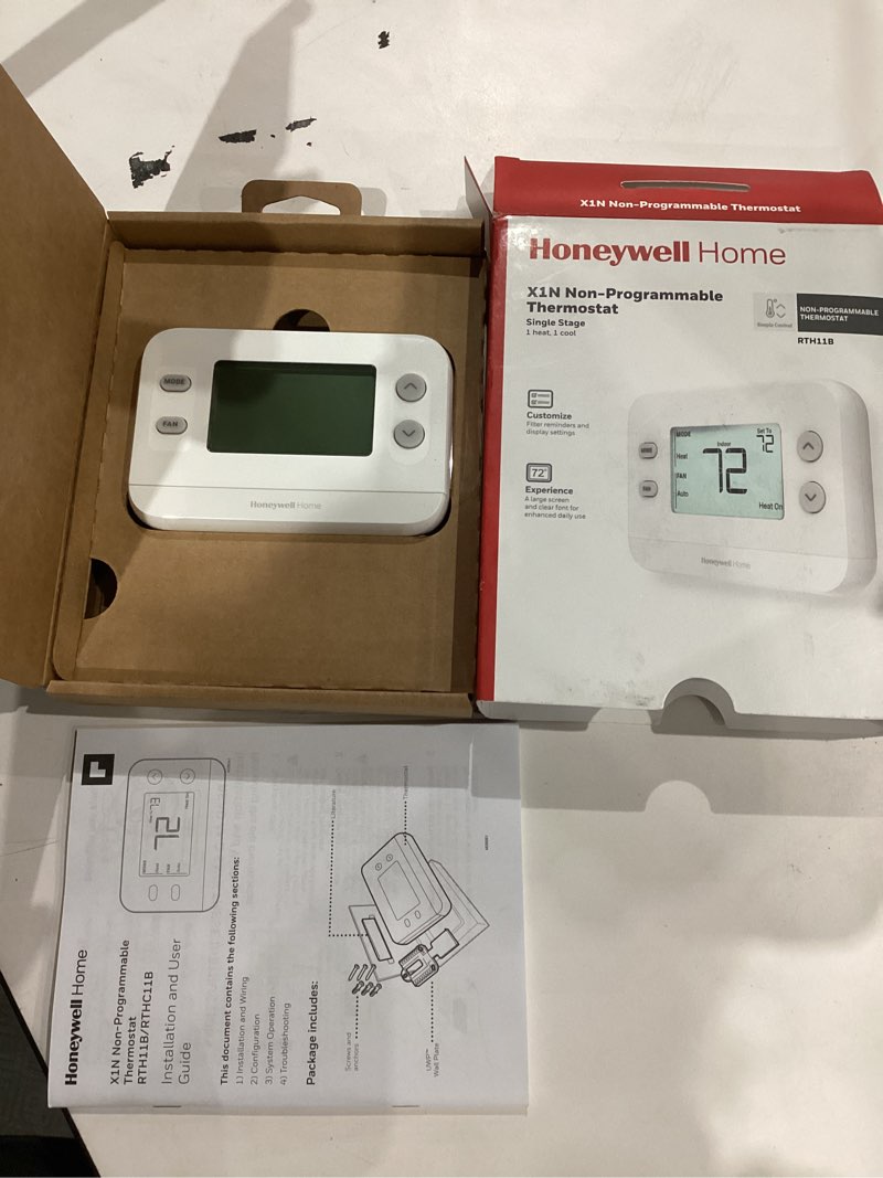 Condition photo showing Good Condition for new! honeywell home non-programmable thermostat, single-stage, 1 heat/1 cool compatibility, x1n, white