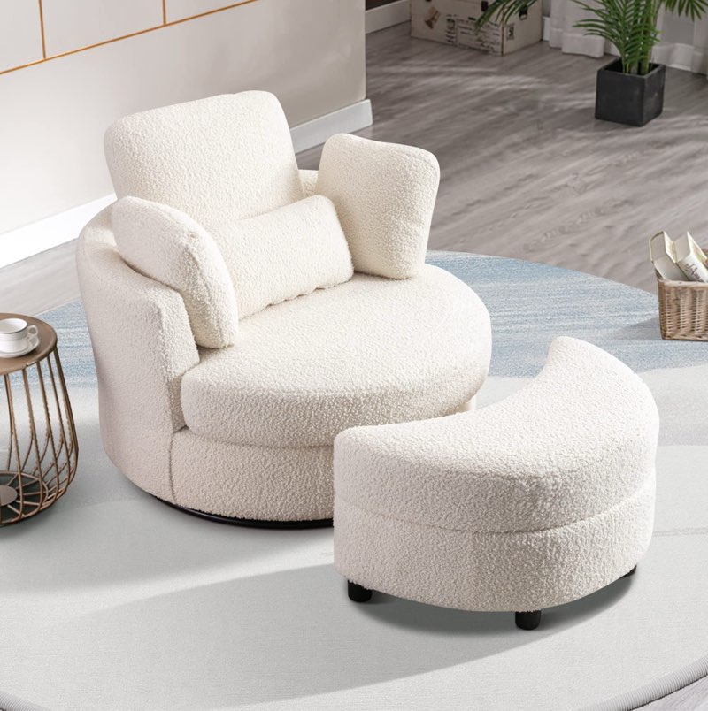 Chair and A Half with Ottoman, 360° Swivel Accent Barrel Chair Modern Comfy Round Reading Sofa Swivel Chairs Circle Lounge Chair for Bedroom Living Room w/4 Pillow Lower Seating Heigh (White, Large)