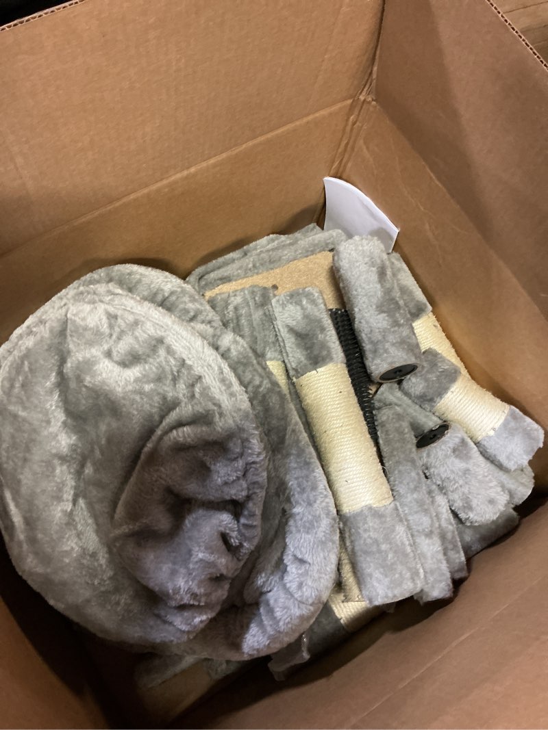 Condition photo showing As Is for hey-brother cat tree, 74 inches multi-level xl large cat tower for indoor cats with three cat condos, two large top decks and cat hairbrushfor kittens, cats and pets, light gray mpj035-mw