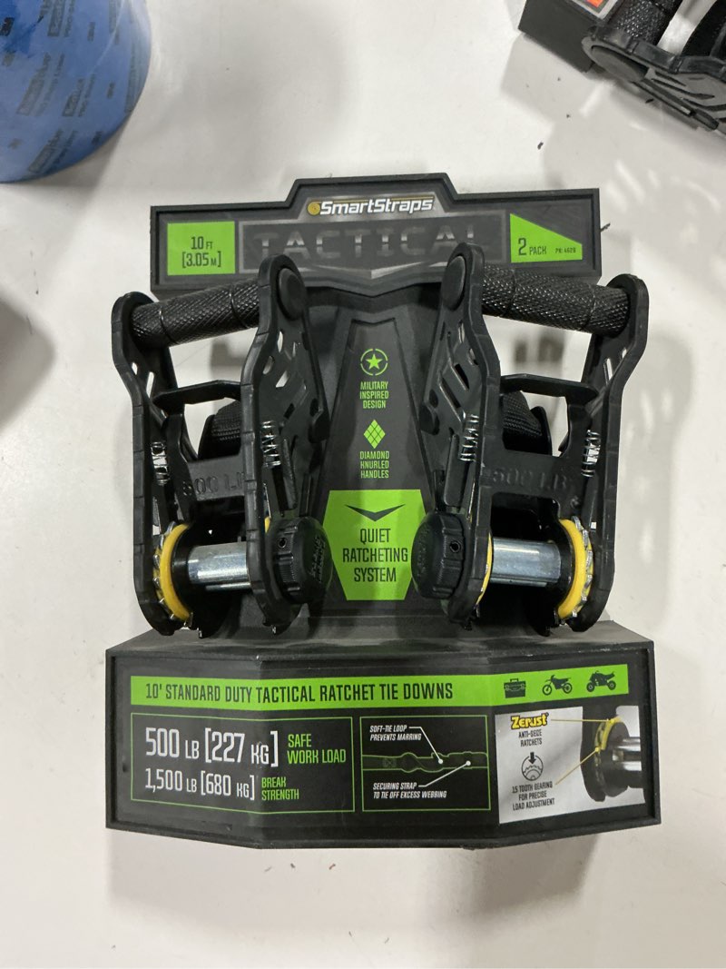Condition photo showing Good Condition for SMARTSTRAPS #4628 10-Foot Tactical Ratchet Straps, Haul Light Loads in Pickup Trucks & Trailers, Dirt Bikes, ATV's, Lawn Tractors, 1,500 lb Break Strength 500 lb Safe Work Load, 2-Pack, Black