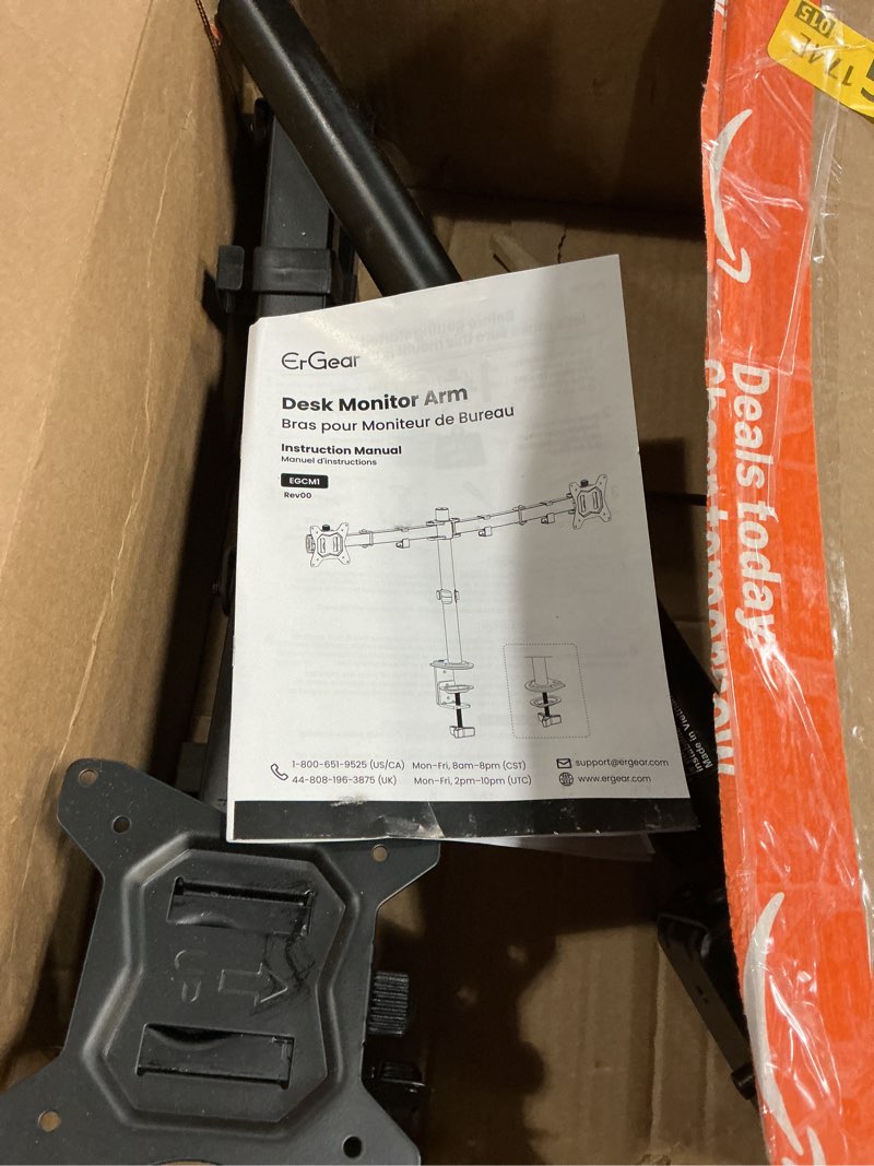Condition photo showing As Is for ErGear Dual Monitor Stand, Heavy Duty Adjustable Monitor Desk Mount for 2 Screens up to 32 Inches, Fully Adjustable Height, Tilt, Swivel, Rotate, Supports 17.6 lbs per Monitor Arm, Easy Installation