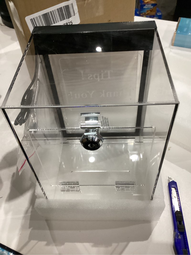 Condition photo showing New/Like New for Tip Jar with 2 Sign Holders, LED Light & Lock for Bar & Party, Donation Box with Sign Holder ''Tips! Thank You!'', Suggestion Box with DIY Blank Sign Holder for Getting Cards, Voting & Ballots Suggestion Box - Remote Control