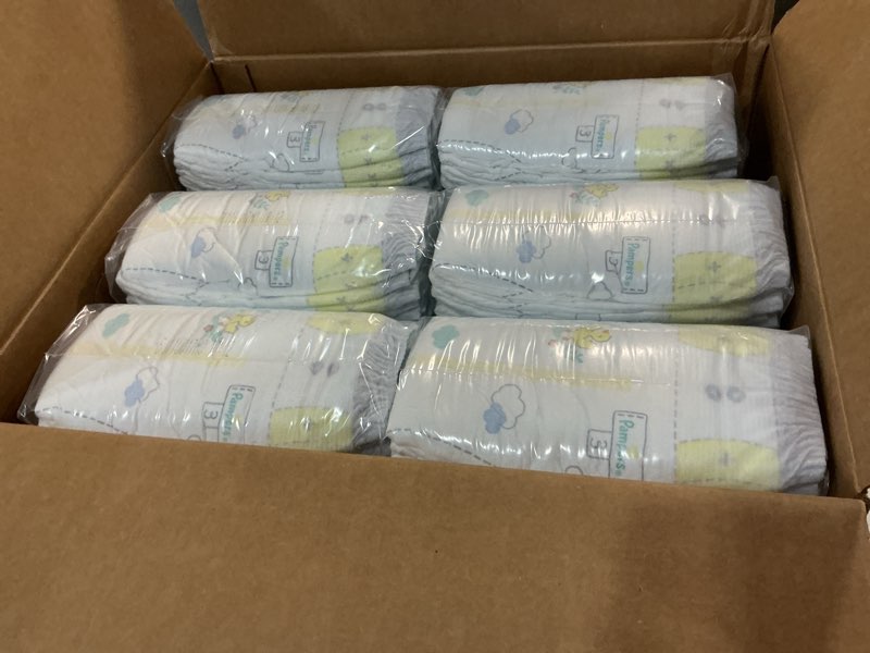 Condition photo showing New/Like New for pampers swaddlers diapers, size 3 (13-26 lbs), 168 count, absorbent, keeps baby dry and comfortable, skin safe disposable baby diaper size 3 168