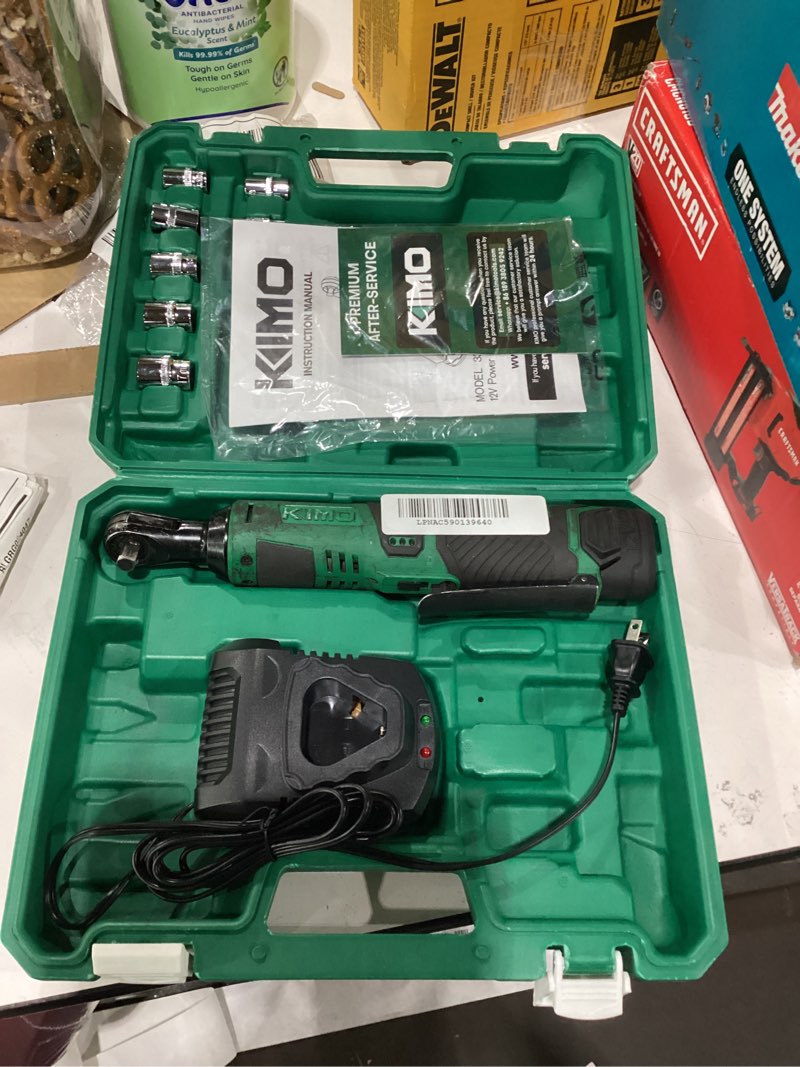 Condition photo showing As Is for KIMO Cordless Electric Ratchet Wrench Set, 40Ft-lbs, 400RPM, 12V Cordless Ratchet Wrench 3/8" w/Variable Speed Trigger, 7Sockets, 1/4" Adapter, Forward/Reverse Switch, 2Battery Power Ratchet w/Charger 1) 12V- 3/8"-2 Batteries