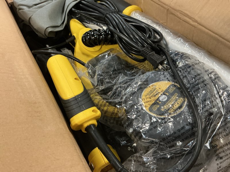 Condition photo showing As Is for drywall sander, electric drywall sander with vacuum, automatic dust removal, 7 variable speed, 900-1800rpm, 26’ power cord, labor-saving handle and patented fixture for ceiling sanding, led light yellow