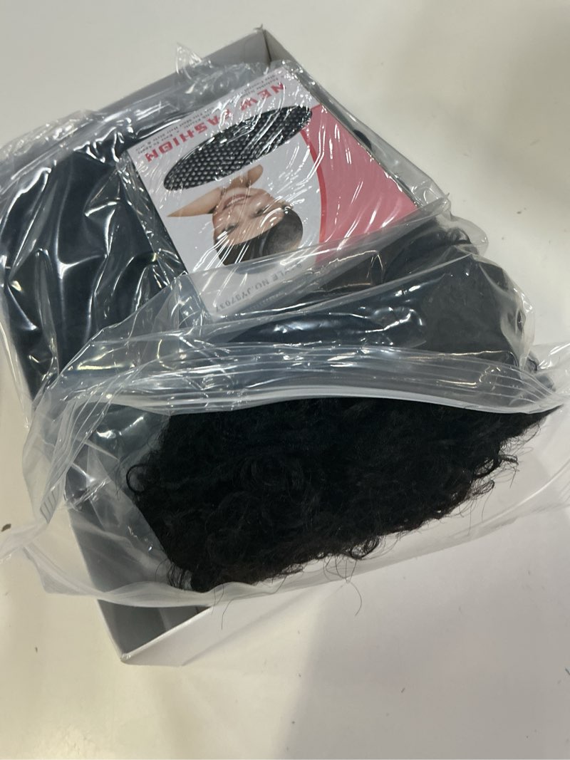 Condition photo showing New/Like New for short curly bob human hair wig with bangs 100% human hair glueless wear and go no lace wig machine made bob curly wig for black women natural black color 10 inch