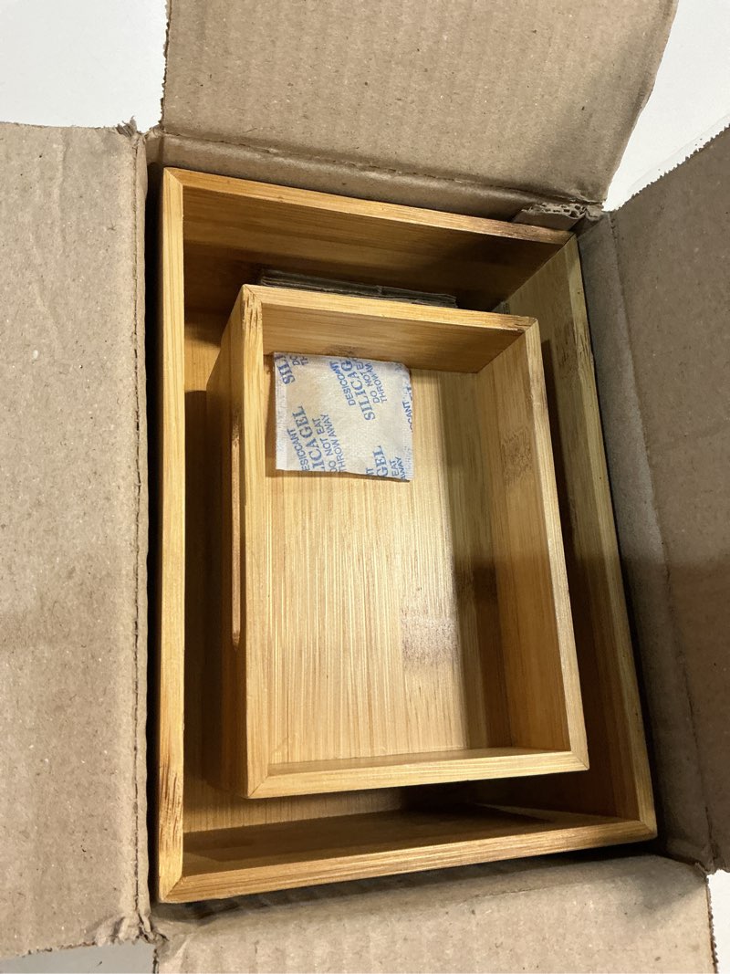Condition photo showing Good Condition for homestead 3-piece stackable bamboo storage box, office desk organizer, wooden boxes for makeup drawer organizer bathroom, office supplies, kitchen utensils, bamboo storage containers, jewelry tray