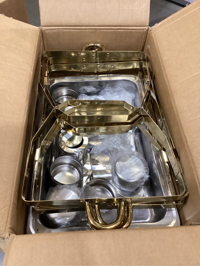 Condition photo showing Good Condition for chafing dishes for buffet, 8 qt high grade chafing dish buffet set, rolled-edge design food warmers for parties, buffet, wedding, birthday, camping 4 pack 7 pans [half gold] 8 qt-4 pack half-gold