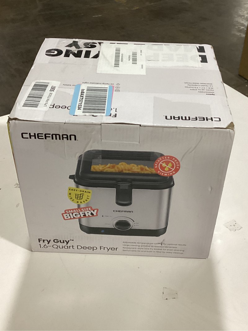 Condition photo showing As Is for Chefman Fry Guy, The Most Compact & Convenient To Deep Fry Comfort Food, Restaurant-Style Basket With A 1.6-Quart Capacity, Easy-View Window & Adjustable Temp Control, Stainless - 1.5 Liter