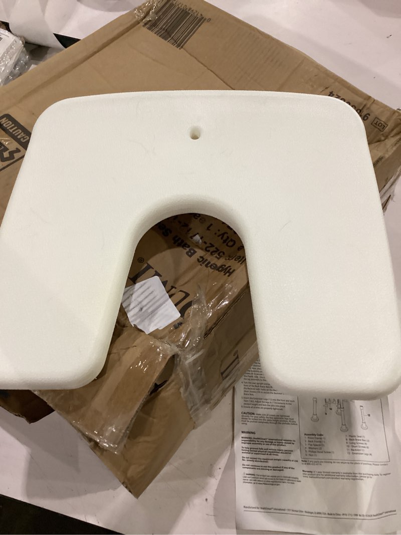 Condition photo showing As Is for dmi bath and shower chair with back support made of heavy duty non slip aluminum body with plastic seat holding weight capacity up to 250 pounds and adjustable height, tool free, black