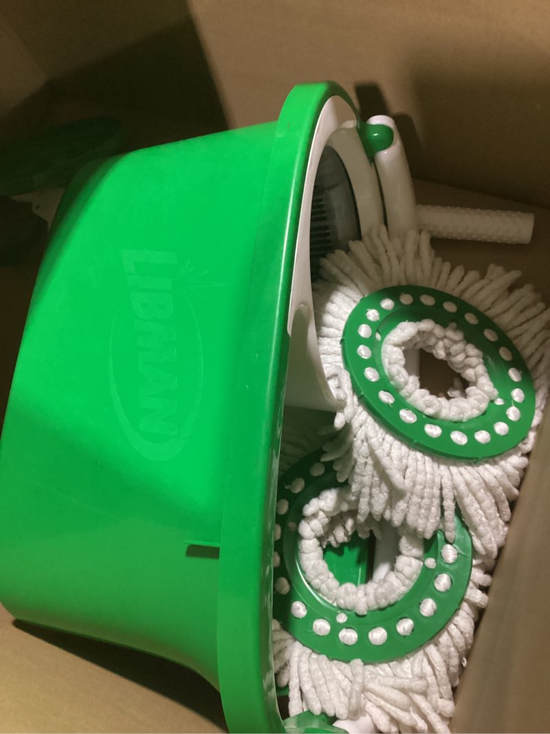Condition photo showing Good Condition for libman tornado spin mop system with refill heads, microfiber spinning mop and bucket with wringer set for home, floor cleaning of hard-wood, laminate, tile, all surface cleaner spin mop plus 3 refills