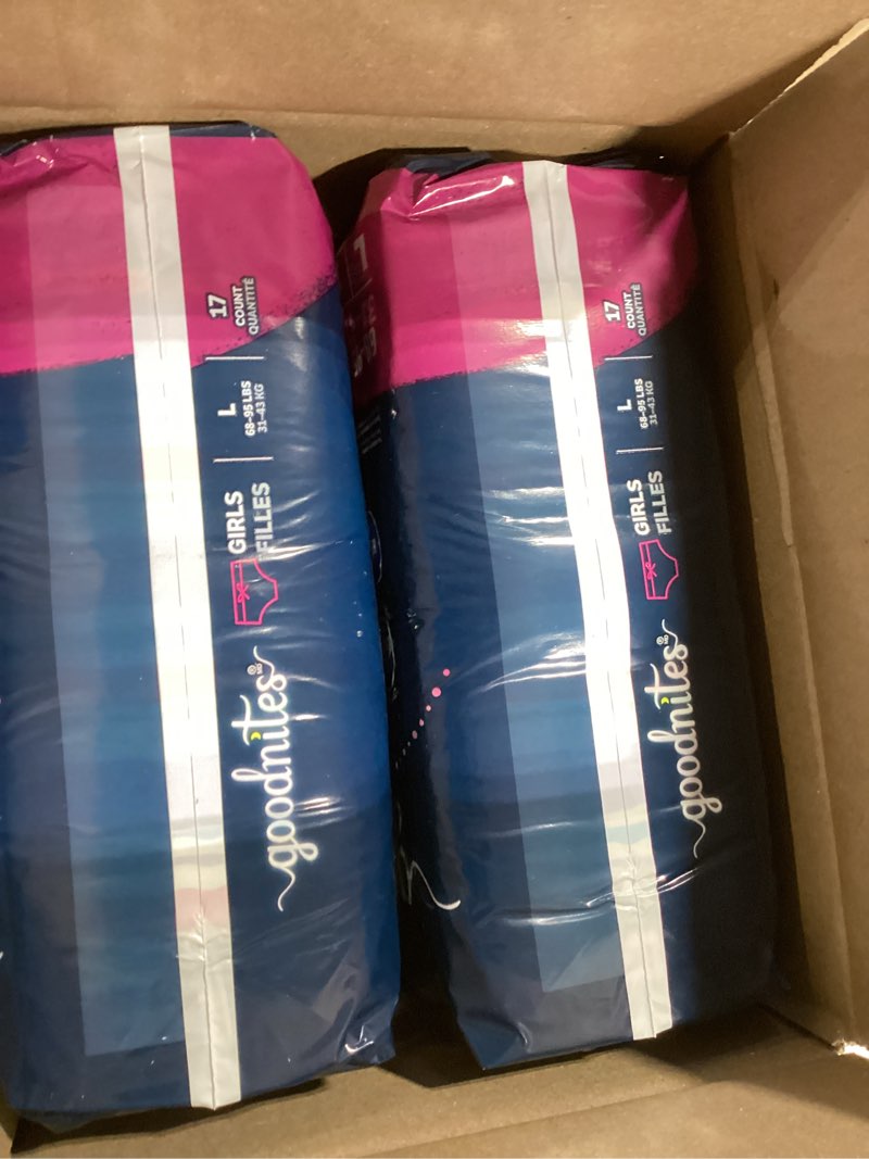 Condition photo showing New/Like New for Goodnites Girls' Nighttime Bedwetting Underwear, Size Large (68-95 lbs), 34 Ct (2 Packs of 17), Packaging May Vary Large 34