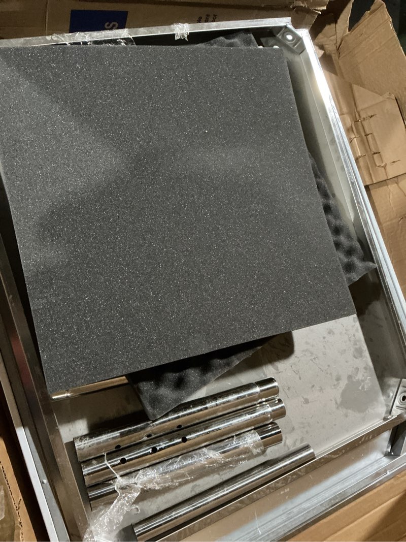 Condition photo showing As Is for equipment grill stand table 36x30x30 inch stainless steel nsf certified 400 lbs capacity with adjustable legs, 2" edge baffle, for hotel, home, commercial restaurant kitchen 36x30x30 inch with wheels