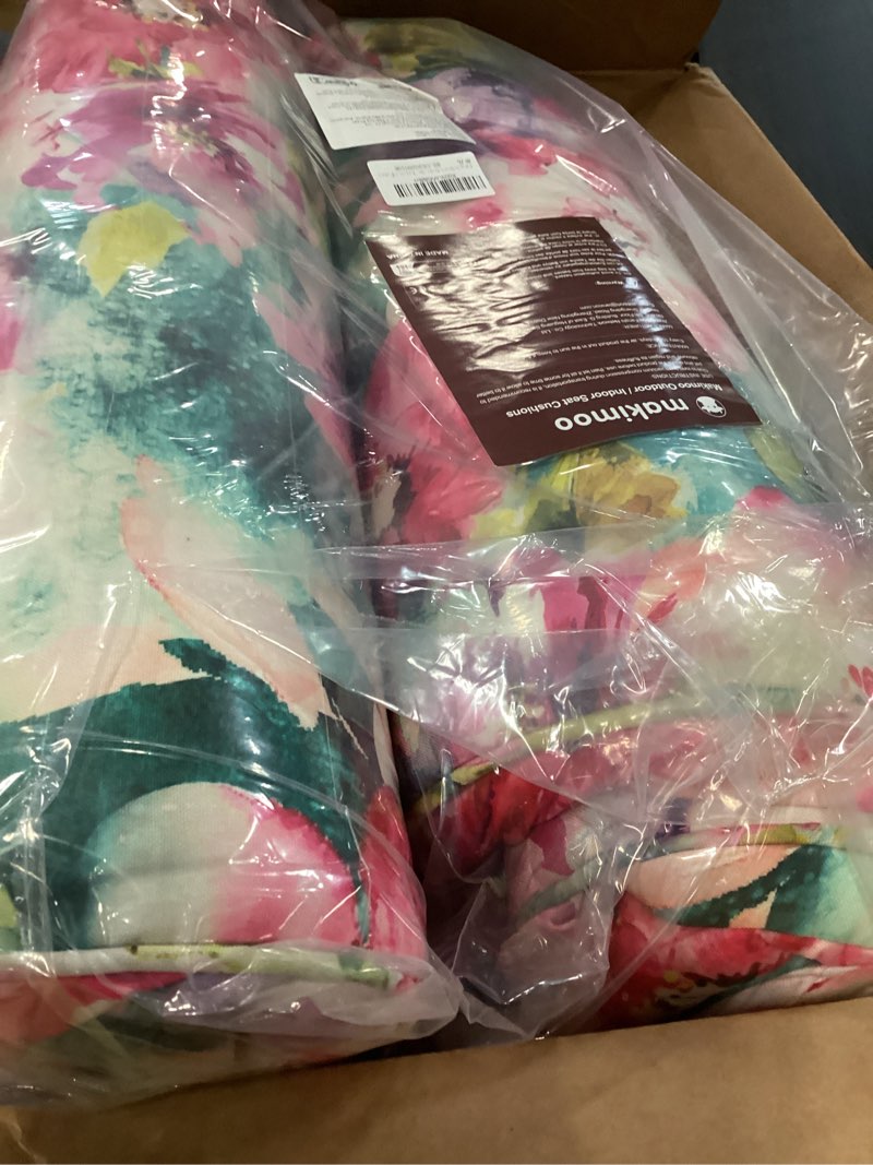 Condition photo showing As Is for set of 4 outdoor dining chair cushions, comfort patio seating cushions, 44 x21x4.5 inch, single welt and zipper (watercolor flowers) watercolor flowers 4