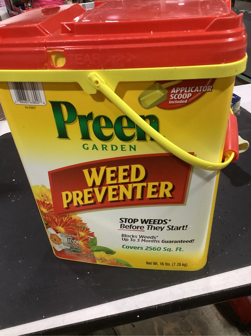 Condition photo showing Good Condition for preen garden weed preventer - 16 lb. pail - covers 2,560 sq. ft.