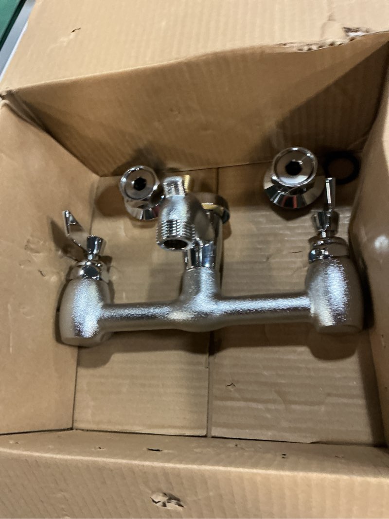 Condition photo showing Good Condition for commercial mop sink faucet service sink faucet with 2-3/4" vacuum breaker spout, wall mount 8" adjustable center, with 3/4" hose thread, pail hook, chrome-plated for utility, laundry, garden 2-3/4" spout,lever handle