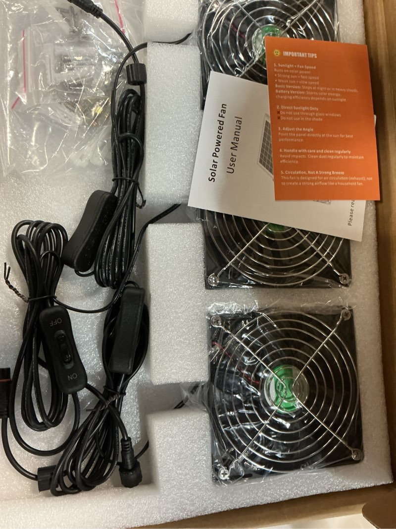 Condition photo showing Good Condition for solar greenhouse fan 3 kit, 30w large solar powered exhaust and intake fan outdoor waterproof, strong airflow, 16.5ft cord, for chicken coop shed air ventilation and circulation, no battery 5" fan 3 kit